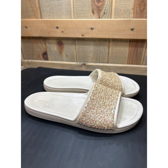 Crocs Iconic Comfort Beaded Slide Sandals Size 10 Ivory & Peach Embellished - Picture 1 of 8